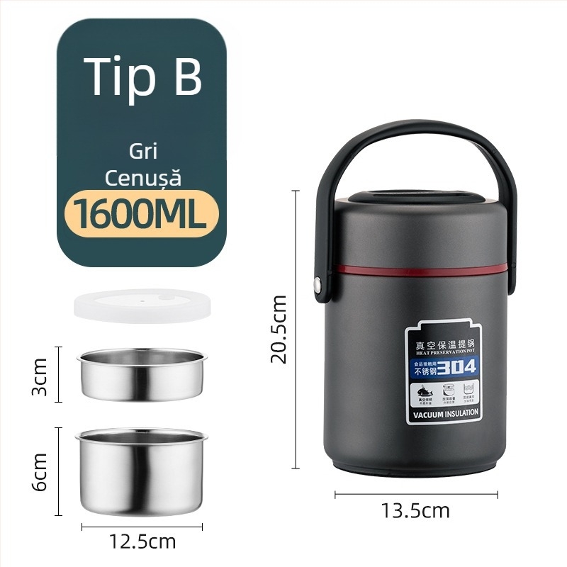 Cutie izolată pentru prânz din oțel inoxidabil 304, capacitate mare, compartimente multiple, pentru adulți și elevi, 1,6 L / 2,2 L