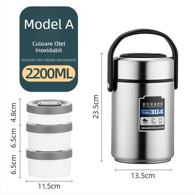 Cutie izolată pentru prânz din oțel inoxidabil 304, capacitate mare, compartimente multiple, pentru adulți și elevi, 1,6 L / 2,2 L