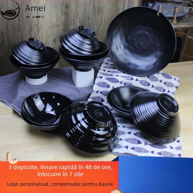 Vas negru de melamină pentru tăiței, model cu floare de cireș, stil japonez, rotund, imitatie de porțelan pentru ramen, utilizare comercială