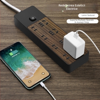 Prelungitor cu aspect lemnos, multifuncțional, cu mai multe prize, pentru casă și birou, încărcare USB