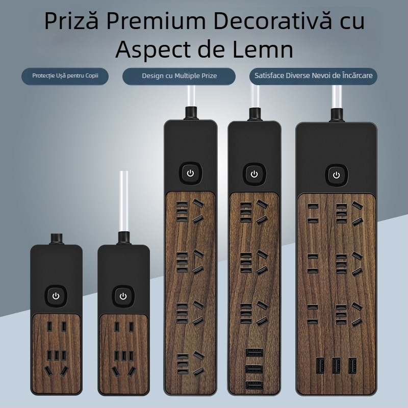 Prelungitor cu aspect lemnos, multifuncțional, cu mai multe prize, pentru casă și birou, încărcare USB