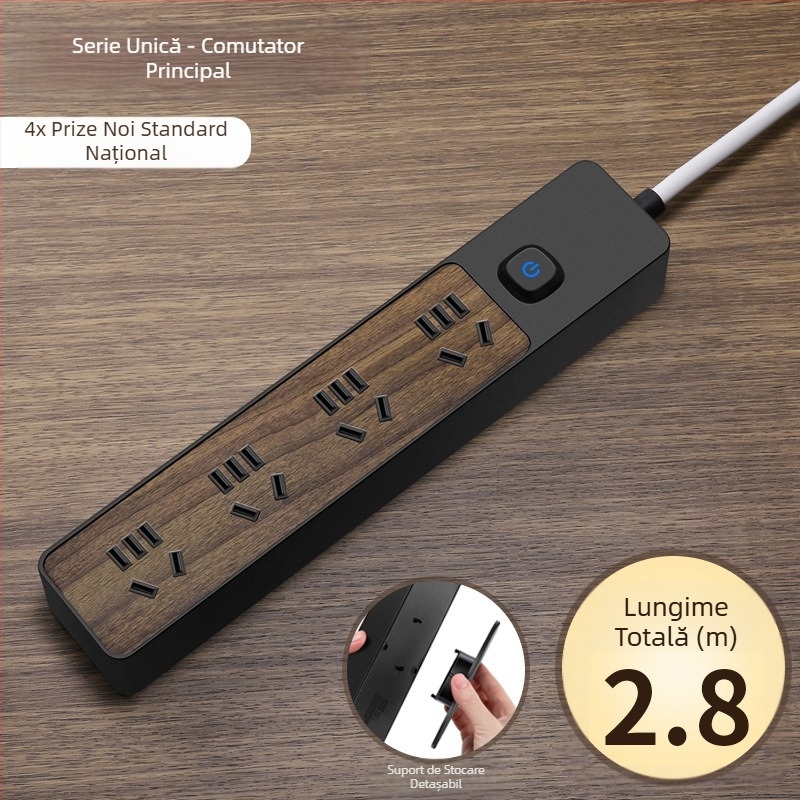 Prelungitor cu aspect lemnos, multifuncțional, cu mai multe prize, pentru casă și birou, încărcare USB