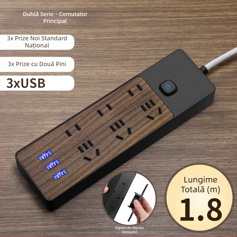 Prelungitor cu aspect lemnos, multifuncțional, cu mai multe prize, pentru casă și birou, încărcare USB