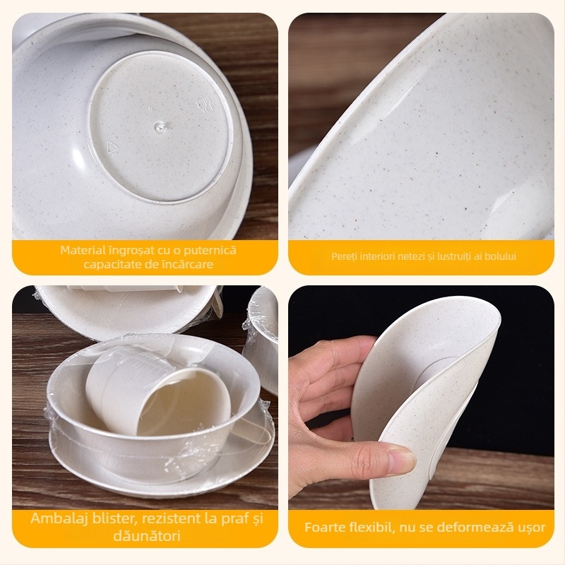Set de veselă de unică folosință din coji de orez – boluri și farfurii îngroșate, rezistente la căldură, biodegradabile pentru banchet, 300 ml, 10 piese