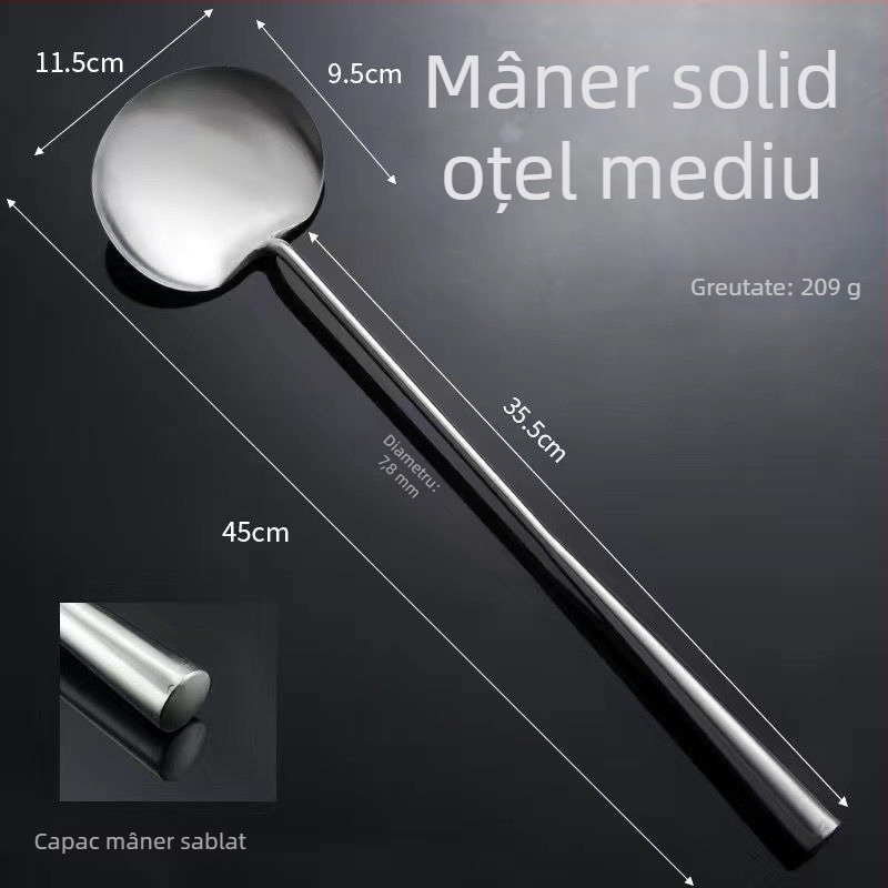 Lingură de prăjit din oțel inoxidabil, lucrată manual, cu grosime suplimentară, spatulă plată cu mâner lung, pentru uz profesional și casnic