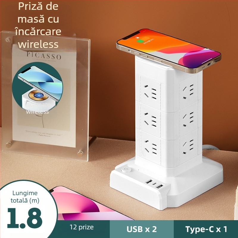 Prelungitor turn vertical cu lampă de birou și încărcare wireless – priză multiplă pentru birou acasă