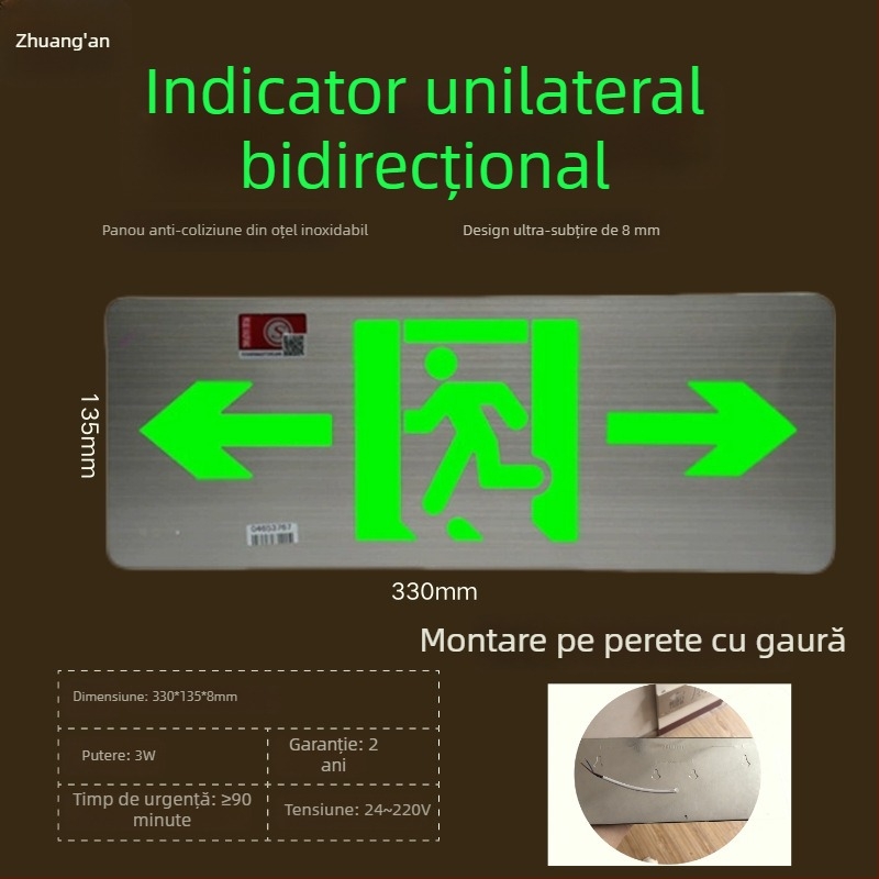 Indicator LED de evacuare la incendiu, semn de ieșire din oțel inoxidabil, 36V