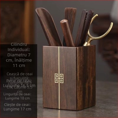 Set accesorii Gongfu pentru ceremonia ceaiului, din lemn de abanos și nuc, colecția celor șase domni – set de cuțite pentru ceai și pensulă de îngrijire a ceainicei