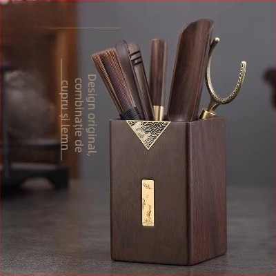 Set accesorii Gongfu pentru ceremonia ceaiului, din lemn de abanos și nuc, colecția celor șase domni – set de cuțite pentru ceai și pensulă de îngrijire a ceainicei