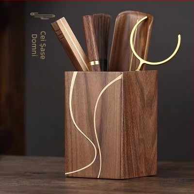 Set accesorii Gongfu pentru ceremonia ceaiului, din lemn de abanos și nuc, colecția celor șase domni – set de cuțite pentru ceai și pensulă de îngrijire a ceainicei