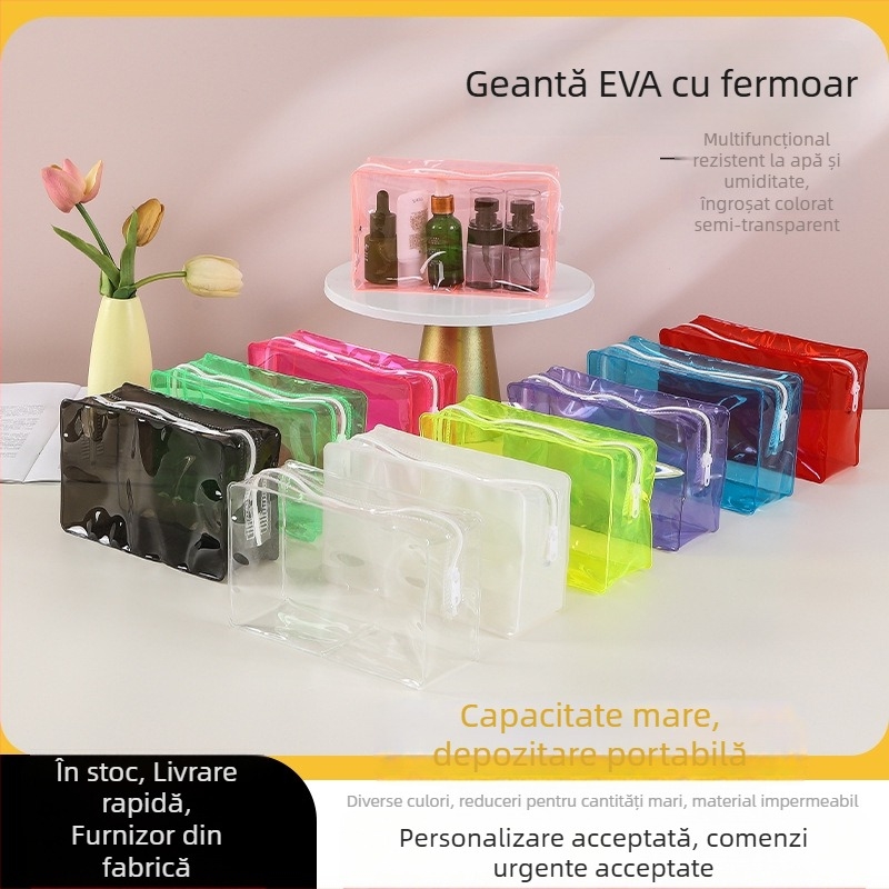 Geantă EVA transparentă cu fermoar pentru cosmetice și produse de igienă, pungă PVC cu logo personalizat