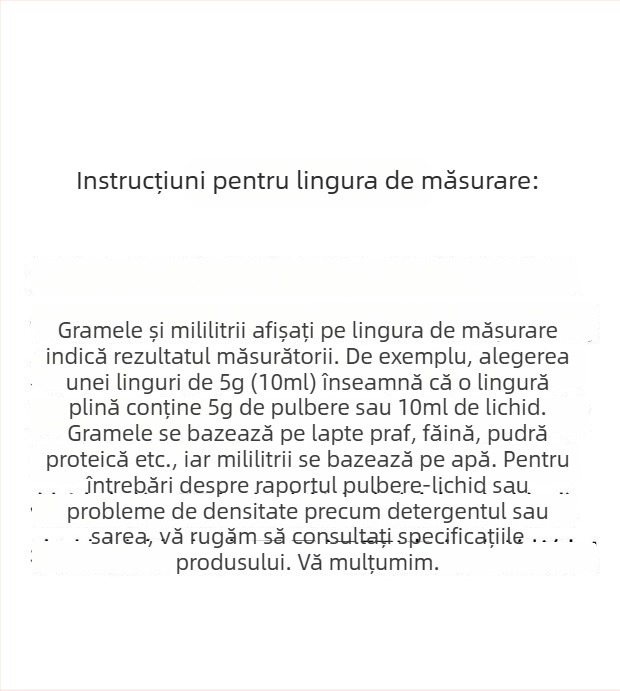 Set linguri de măsurat: 20 g lapte praf, 40 ml lingură lichidă graduată, pulberi de fructe, pulbere de proteine, cereale și lingură multifuncțională