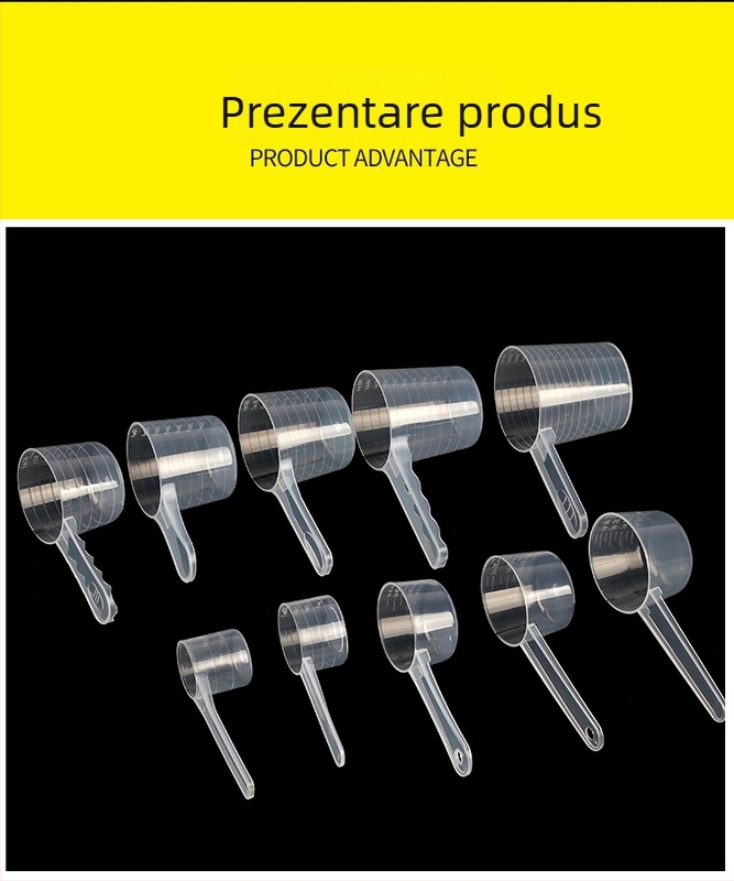 Set linguri de măsurat: 20 g lapte praf, 40 ml lingură lichidă graduată, pulberi de fructe, pulbere de proteine, cereale și lingură multifuncțională