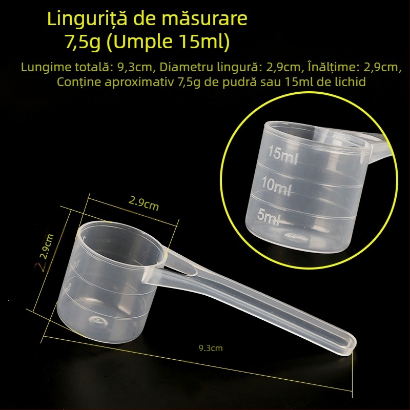 Set linguri de măsurat: 20 g lapte praf, 40 ml lingură lichidă graduată, pulberi de fructe, pulbere de proteine, cereale și lingură multifuncțională