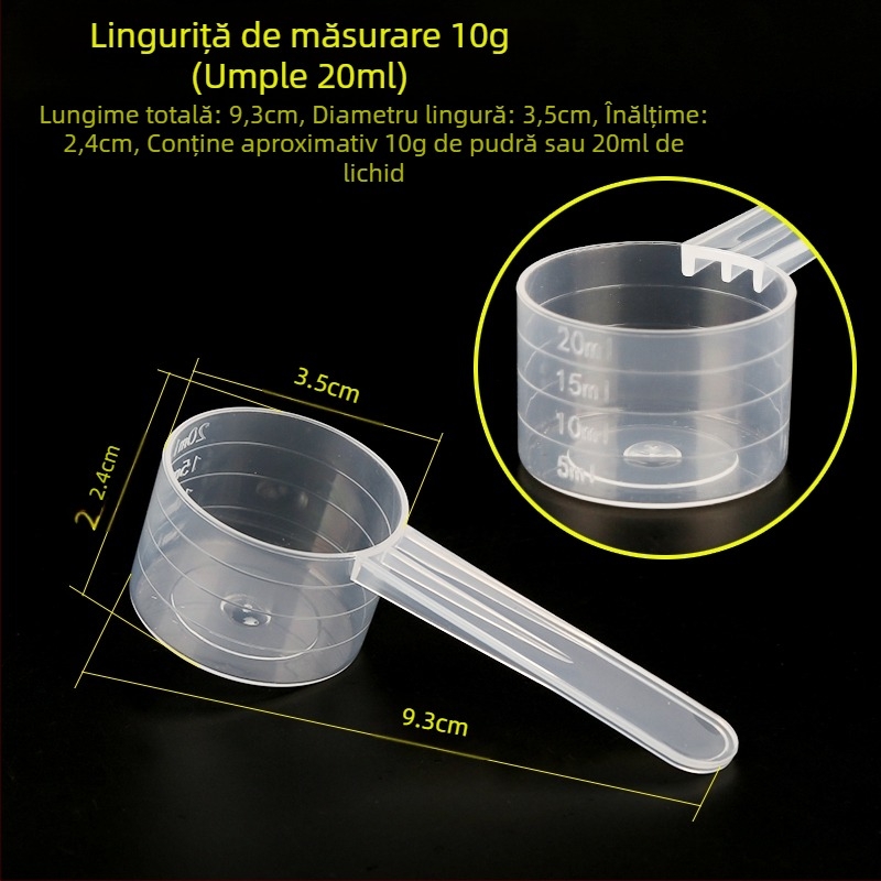 Set linguri de măsurat: 20 g lapte praf, 40 ml lingură lichidă graduată, pulberi de fructe, pulbere de proteine, cereale și lingură multifuncțională