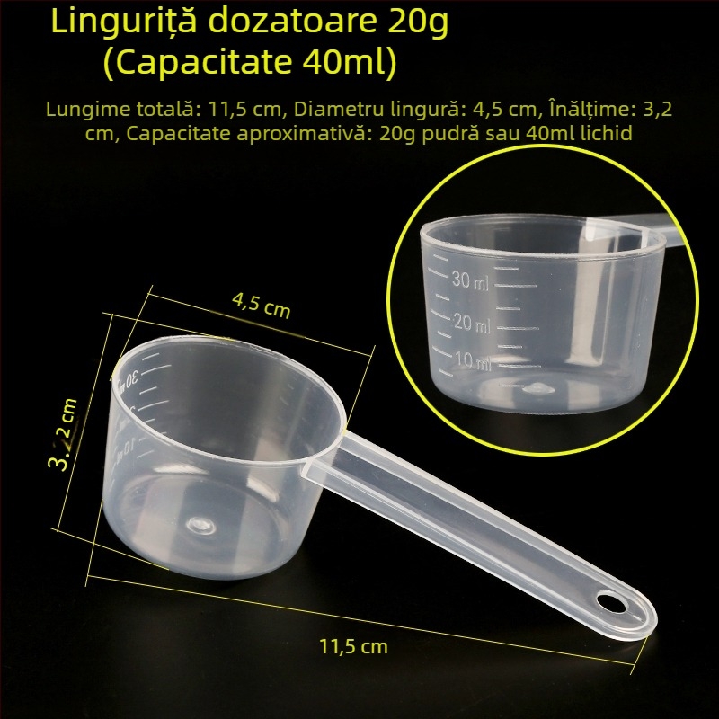 Set linguri de măsurat: 20 g lapte praf, 40 ml lingură lichidă graduată, pulberi de fructe, pulbere de proteine, cereale și lingură multifuncțională