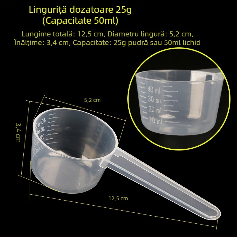 Set linguri de măsurat: 20 g lapte praf, 40 ml lingură lichidă graduată, pulberi de fructe, pulbere de proteine, cereale și lingură multifuncțională