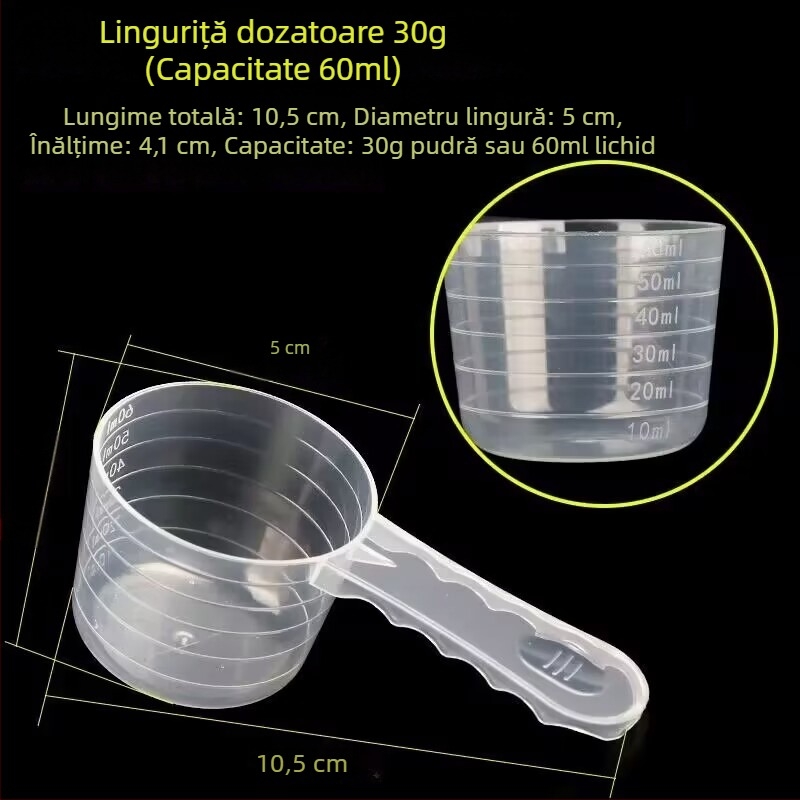 Set linguri de măsurat: 20 g lapte praf, 40 ml lingură lichidă graduată, pulberi de fructe, pulbere de proteine, cereale și lingură multifuncțională