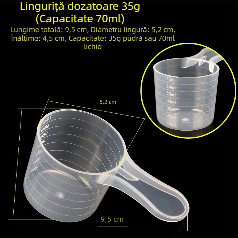 Set linguri de măsurat: 20 g lapte praf, 40 ml lingură lichidă graduată, pulberi de fructe, pulbere de proteine, cereale și lingură multifuncțională