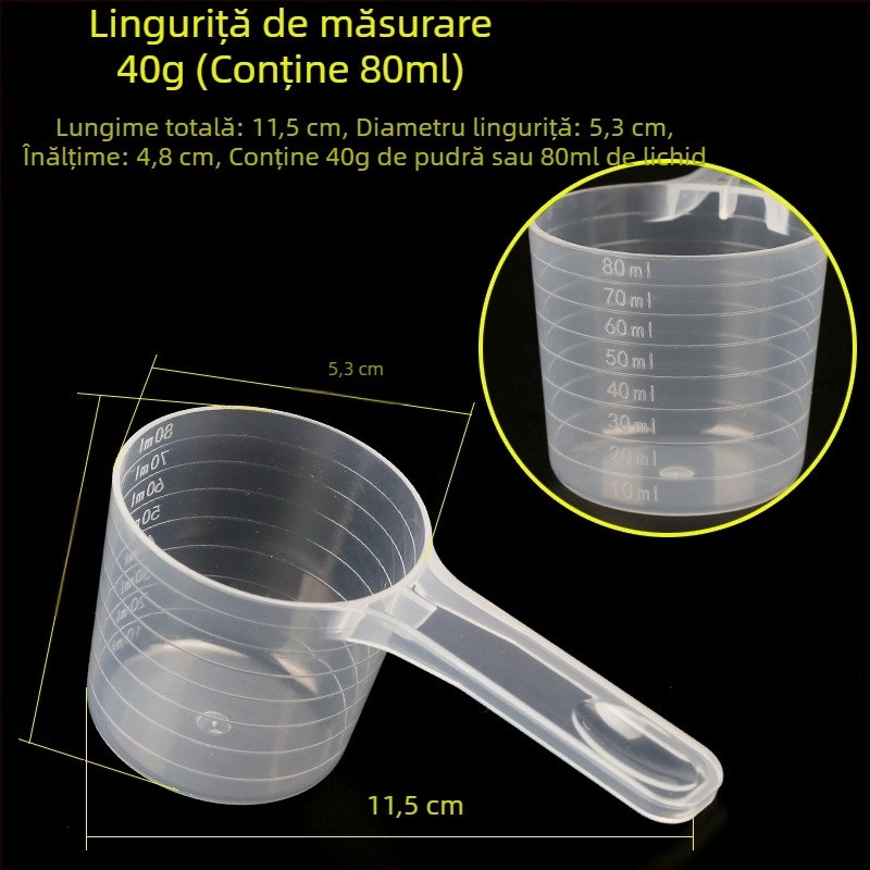 Set linguri de măsurat: 20 g lapte praf, 40 ml lingură lichidă graduată, pulberi de fructe, pulbere de proteine, cereale și lingură multifuncțională