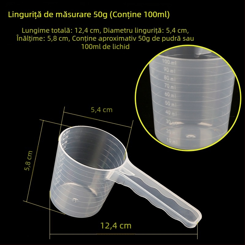Set linguri de măsurat: 20 g lapte praf, 40 ml lingură lichidă graduată, pulberi de fructe, pulbere de proteine, cereale și lingură multifuncțională