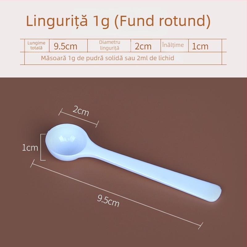 Set linguri de măsurat: 20 g lapte praf, 40 ml lingură lichidă graduată, pulberi de fructe, pulbere de proteine, cereale și lingură multifuncțională