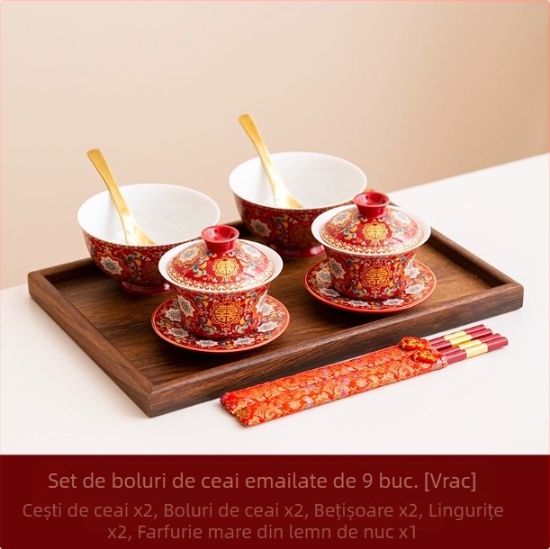 Vas de nuntă emailat, ceașcă de ceai, set pentru proaspeți căsătoriți cu boluri și bețișoare, set de ceai în stil chinezesc, bol roșu cu capac, cadou practic pentru nuntă