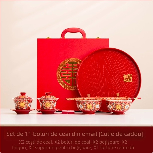 Vas de nuntă emailat, ceașcă de ceai, set pentru proaspeți căsătoriți cu boluri și bețișoare, set de ceai în stil chinezesc, bol roșu cu capac, cadou practic pentru nuntă