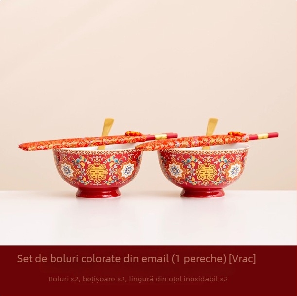 Vas de nuntă emailat, ceașcă de ceai, set pentru proaspeți căsătoriți cu boluri și bețișoare, set de ceai în stil chinezesc, bol roșu cu capac, cadou practic pentru nuntă