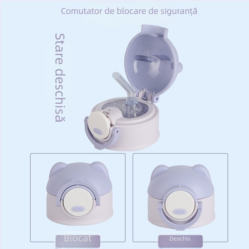 Capac universal pentru pahar de apă pentru copii cu pai — capac în formă de urs, cu încuietoare, anti-scurgeri
