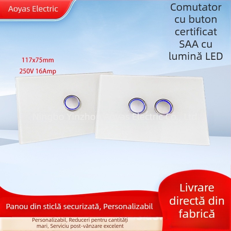Panou întrerupător din sticlă pentru perete, certificat SAA australian, 220-250V