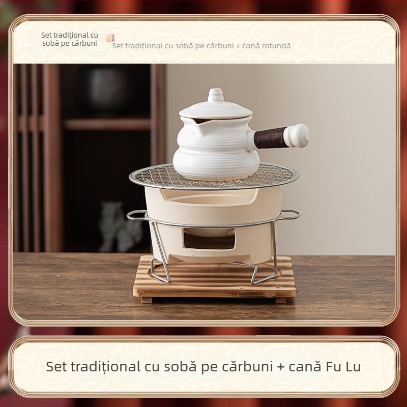 Set pentru prepararea ceaiului cu ceainic ceramic, set complet pentru ceai și ceai cu lapte, aragaz exterior pe cărbune