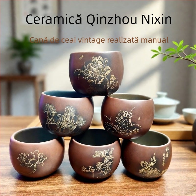 Set de ceai din lut purpuriu Nixing cu motive gravate de lotus, prun, orhidee, bambus, krizantemă și peisaj; pentru uz casnic și pentru oaspeți; set de ceai Kung Fu.
