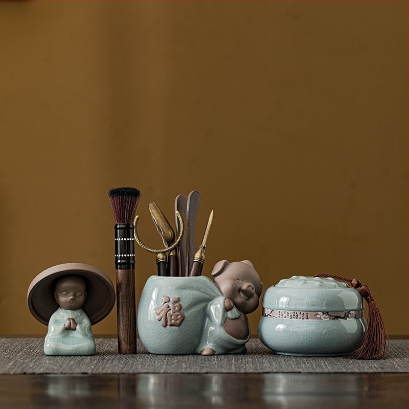 Accesorii ceramice pentru ceremonia de ceai Kung Fu — set simplu retro: vas de apă, vas de spălat ceai, rezervor de apă, găleată de ceai și vas pentru reziduuri