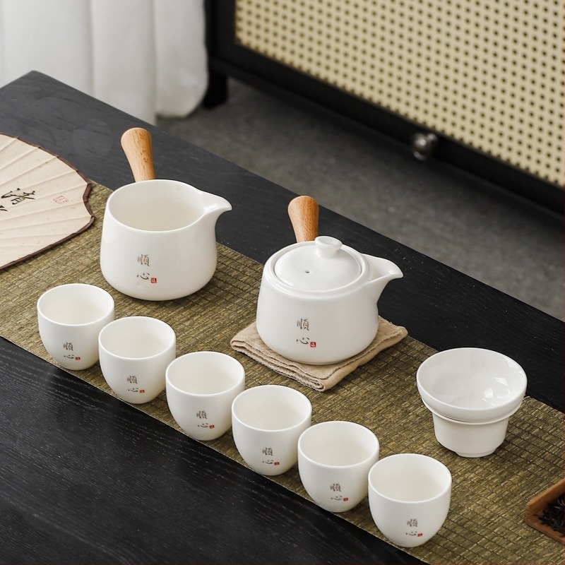 Set de ceainic și cești cu mâner lateral din jad, set ceramic pentru ceai