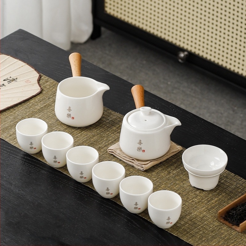 Set de ceainic și cești cu mâner lateral din jad, set ceramic pentru ceai