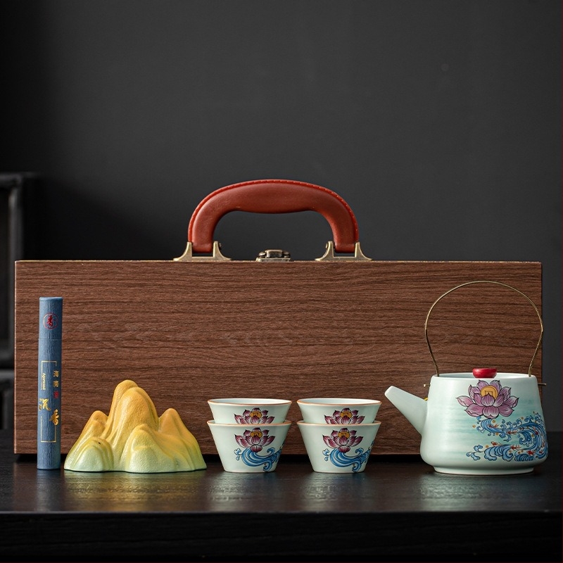 Set de ceai din ceramică bej cu ceainic și cești, stil chinezesc cultural și creativ, cu personalizare a logo-ului