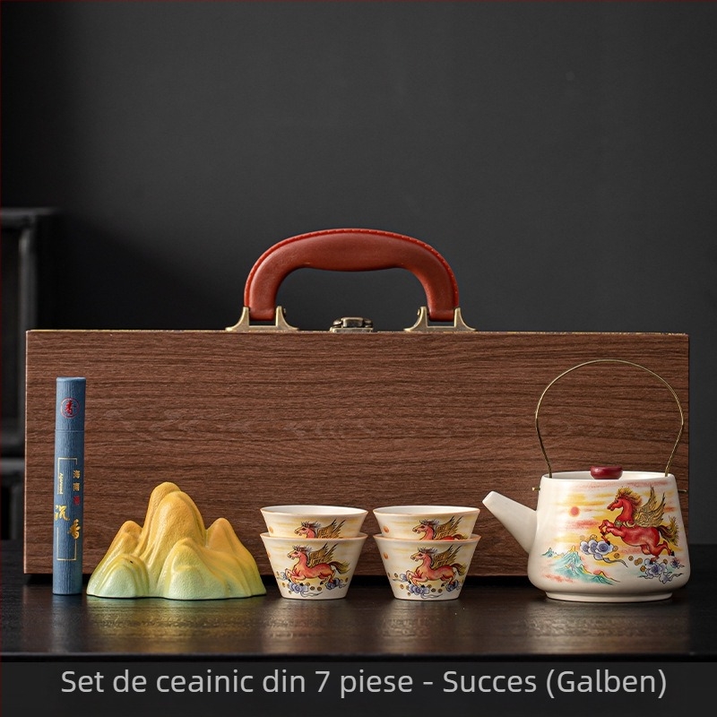 Set de ceai din ceramică bej cu ceainic și cești, stil chinezesc cultural și creativ, cu personalizare a logo-ului