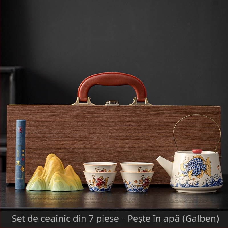 Set de ceai din ceramică bej cu ceainic și cești, stil chinezesc cultural și creativ, cu personalizare a logo-ului