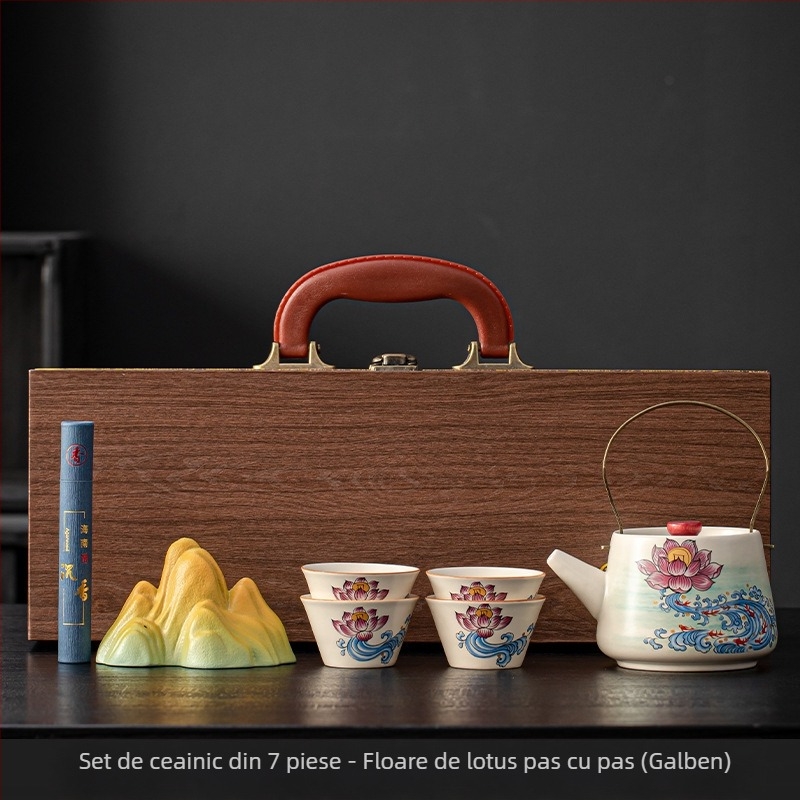 Set de ceai din ceramică bej cu ceainic și cești, stil chinezesc cultural și creativ, cu personalizare a logo-ului