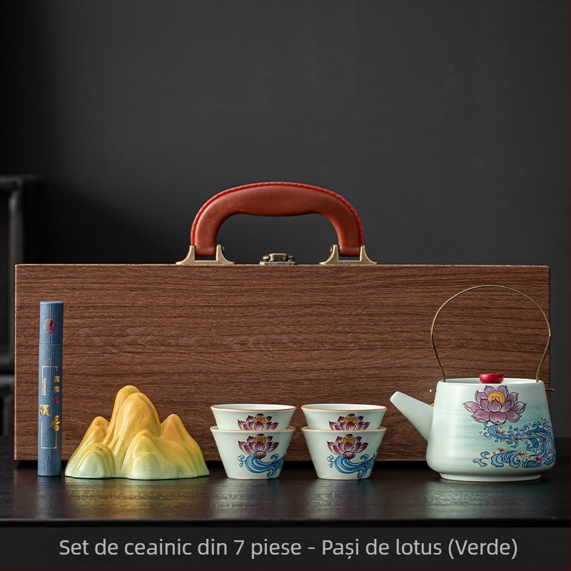 Set de ceai din ceramică bej cu ceainic și cești, stil chinezesc cultural și creativ, cu personalizare a logo-ului