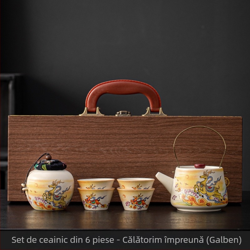 Set de ceai din ceramică bej cu ceainic și cești, stil chinezesc cultural și creativ, cu personalizare a logo-ului