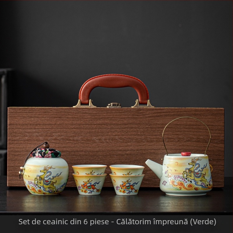 Set de ceai din ceramică bej cu ceainic și cești, stil chinezesc cultural și creativ, cu personalizare a logo-ului