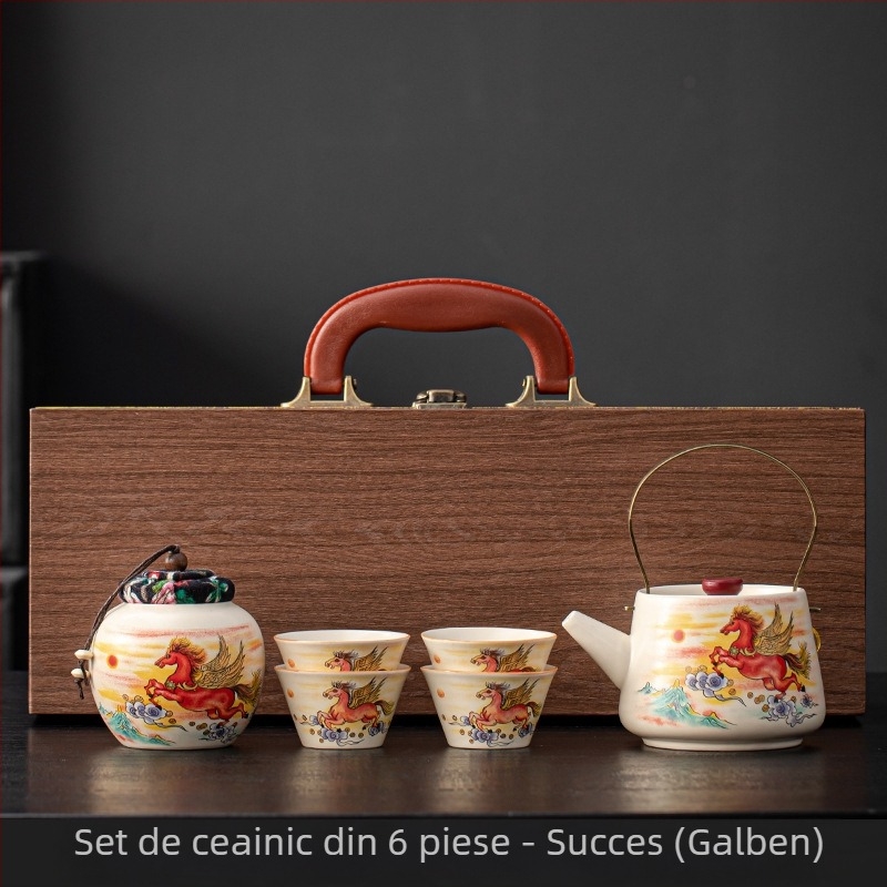 Set de ceai din ceramică bej cu ceainic și cești, stil chinezesc cultural și creativ, cu personalizare a logo-ului