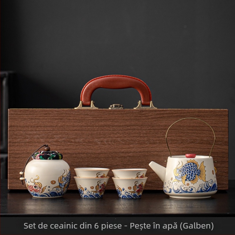 Set de ceai din ceramică bej cu ceainic și cești, stil chinezesc cultural și creativ, cu personalizare a logo-ului