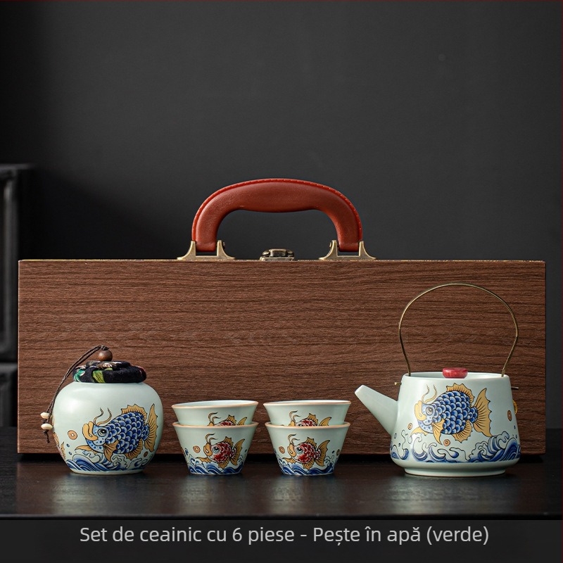 Set de ceai din ceramică bej cu ceainic și cești, stil chinezesc cultural și creativ, cu personalizare a logo-ului