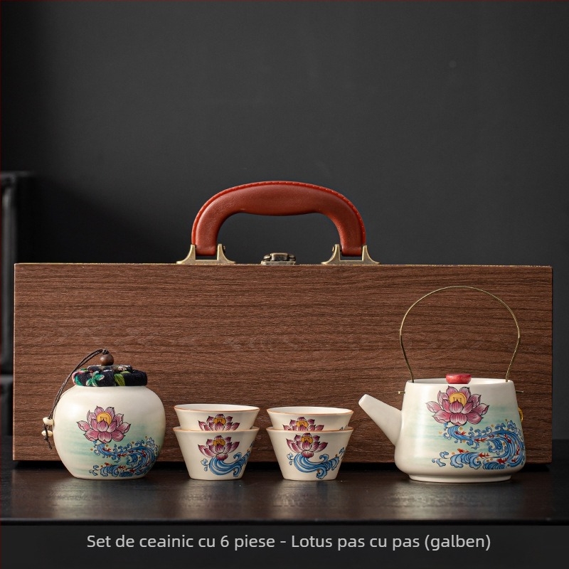Set de ceai din ceramică bej cu ceainic și cești, stil chinezesc cultural și creativ, cu personalizare a logo-ului
