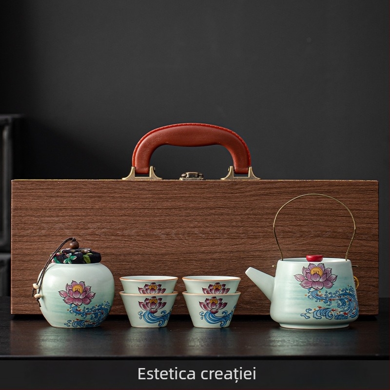 Set de ceai din ceramică bej cu ceainic și cești, stil chinezesc cultural și creativ, cu personalizare a logo-ului