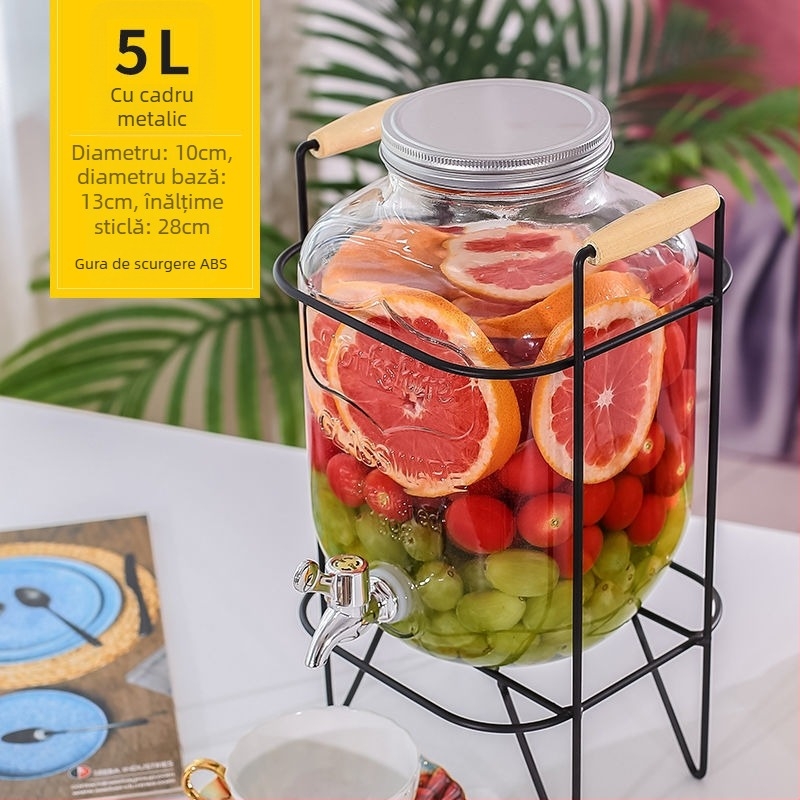 Dispenser din sticlă pentru băuturi cu robinet, recipient cilindric cu capacitate peste 5 L, design modern minimalist