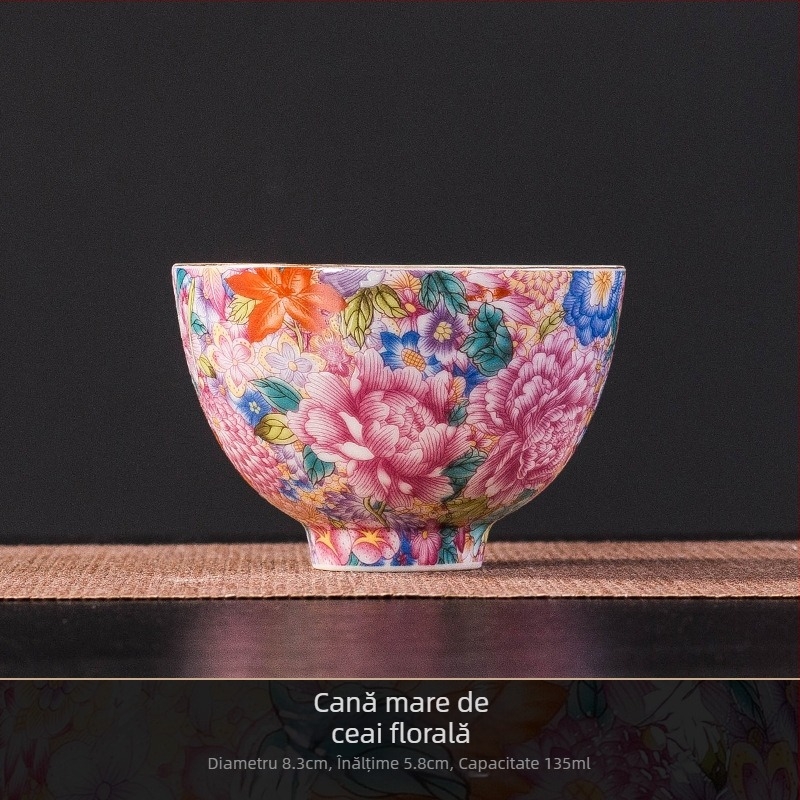 Set ceai din porțelan emailat, stil chinezesc: ceainic, bol cu capac în trei părți și cești pastel pentru uz casnic